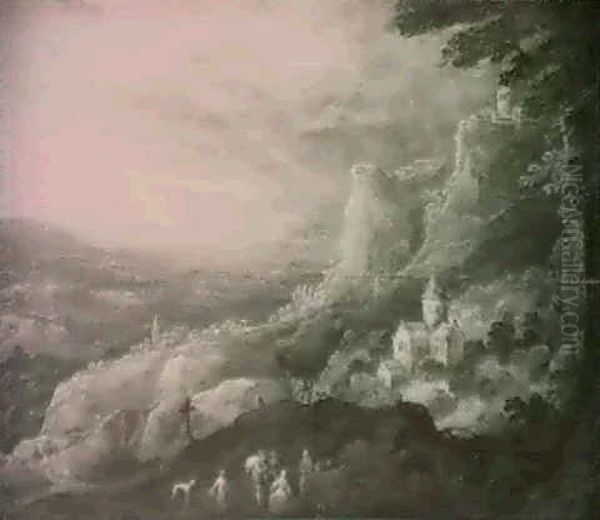 An Extensive Montainous Landscape With A Cattle And         Travellers Resting On A Path - view 1