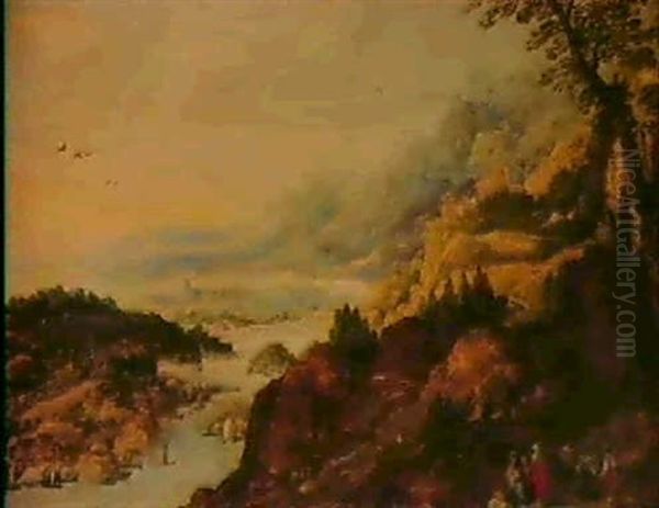A Mountainous, Coastal Landscape With Travellers At Rest In The Foreground - view 1