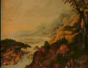 A Mountainous, Coastal Landscape With Travellers At Rest In The Foreground by Joos de Momper the Younger