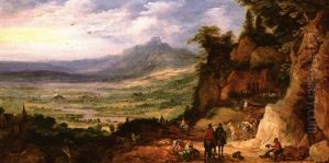 Travellers And Horsemen At Rest On A Mountain Road Beside A Stable, An Extensive Landscape Beyond by Joos de Momper the Younger