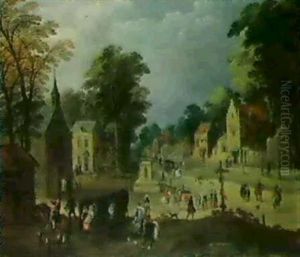 A Village Scene With A Horse-drawn Waggon And Many          Figures