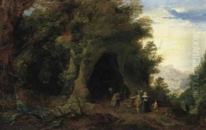 Gebirgslandschaft Mit Einer Andacht In Einer Felsgrotte