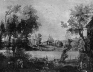A Ferryboat Crossing With Figures On The Shore, A Town      Beyond