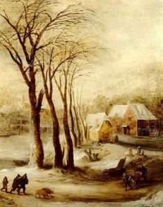 A Village Landscape In Winter With A Horse And Cart And     Travelers On A Path With A Pair Of Pigs by Joos de Momper the Younger