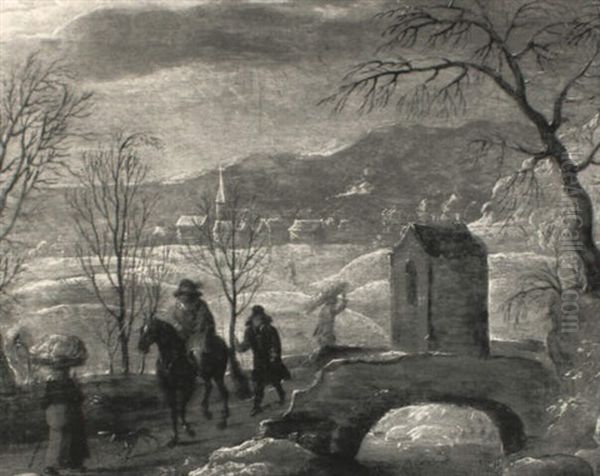 Winter Landscape With Travellers Crossing By A Bridge - view 1