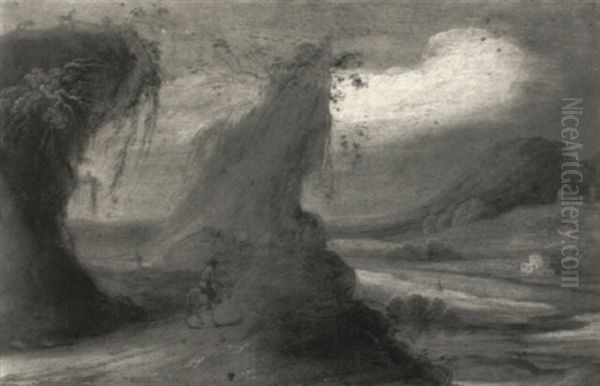 A Mountainous River Landscape With A Traveller On A Path - view 1