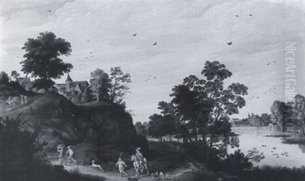 A River Landscape With Travellers On A Road - view 1