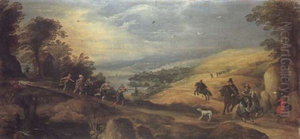 An Extensive Hilly Landscape With Bandits Attacking Travellers - view 1