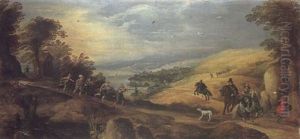 An Extensive Hilly Landscape With Bandits Attacking Travellers