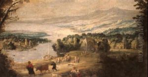Extensive River Landscape With Figures On A Road And A View Of A Town