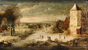 A Village Scene In Winter With Skaters by Philips de Momper the Younger