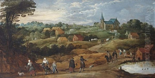 A Summer Landscape With Figures On A Sandy Path, A Village Beyond - view 1