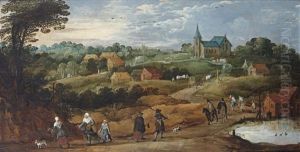 A Summer Landscape With Figures On A Sandy Path, A Village Beyond