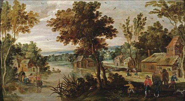 A Wooded River Landscape With Figures In A Village, An Elegant Company In A Rowing Boat On The Water - view 1