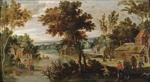 A Wooded River Landscape With Figures In A Village, An Elegant Company In A Rowing Boat On The Water by Philips de Momper the Younger