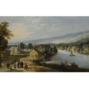 An Extensive Landscape With A Village Near A River, With An Elegant Family On A Path In The Foreground, A Ferryboat And Small Sailing Vessels In The Water, A Church Beyond