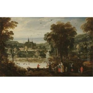 A Landscape With A Moated Palace, And Figures Awaiting The Ferry On The Near Side