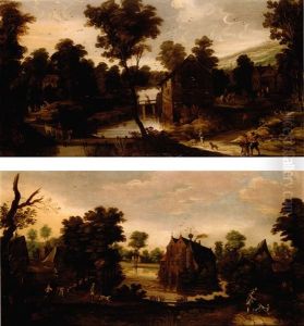 A Wooded Landscape With Figures On A Path And A Moated Castle Beyond A Wooded Landscape With Figures On A Path And A Moated Castle Beyond