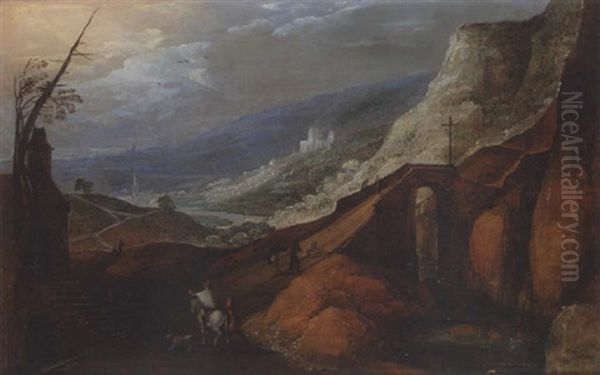 Paysage Montagneux Anime De Villageois Et Cavalier - view 1