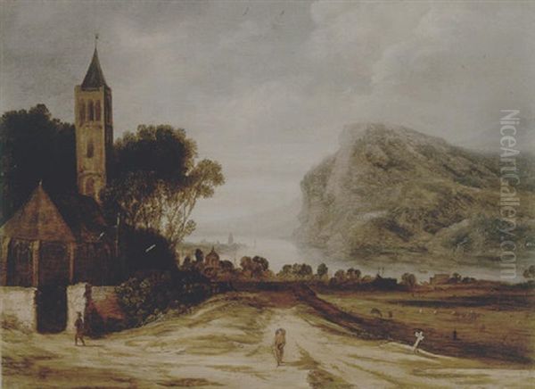 An Extensive River Landscape With A Church, Cattle Grazing And A Traveller On A Track - view 1