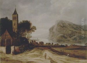 An Extensive River Landscape With A Church, Cattle Grazing And A Traveller On A Track by Philips de Momper the Younger