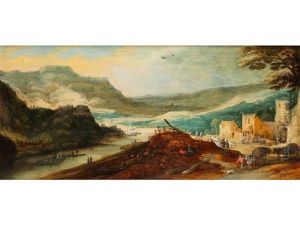 Flusstallandschaft Mit Gebauden Und Reicher Figurenstaffage