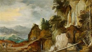 Mountainous Landscape With A Waterfall And Travellers