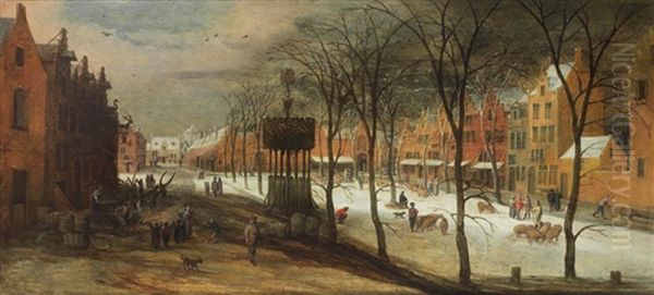 A Winter Street Scene With Figures Warming Themselves Around A Fire And Swineherds With Their Livestock - view 1