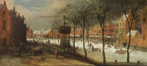 A Winter Street Scene With Figures Warming Themselves Around A Fire And Swineherds With Their Livestock by Frans de Momper