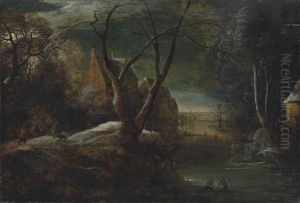 A Winter Landscape With Figures Gathering Firewood On A Track And Fishing In A Frozen Lake, A Village Beyond by Frans de Momper
