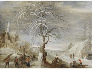 A Winter Landscape With Travellers On A Track, A Village And Woodcutters Beyond by Frans de Momper
