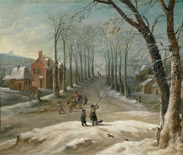 Winterlandschaft Mit Mannern Bei Der Vogeljagd Und Marktkaufern - view 1