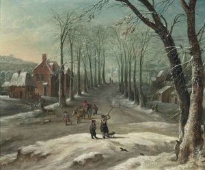 A Winter Village Landscape With Huntsman And Travellers On A Track by Frans de Momper