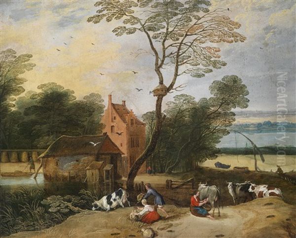 Flusslandschaft Mit Einem Gutshof Und Bauerlicher Staffage - view 1