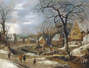 A Winter Landscape With Figures By A Frozen River In A Village