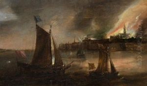 Nachtliche Flusslandschaft Mit Segelboot Vor Einer Stadt by Frans de Momper
