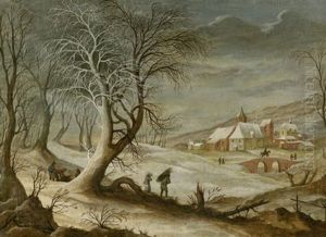 Winterlandschaft Mit Blick Auf Ein Dorf Und Holzsammlern Im Vordergrund by Frans de Momper