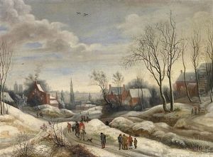 Blick Auf Verschneite Stadtlandschaft, Vorn Reisende Auf Einem Feldweg Blick Auf Verschneite Stadtlandschaft, Vorn Reisende Auf Einem Feldweg