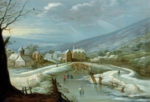Ein Dorf Im Winter Mit Schlittschuhlaufern Auf Einem Zugefrorenem Wasserlauf