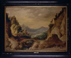 A Mountainous Landscape With A Three-horse Cart In The Foreground, Travellers Beside A Bridge And A Clifftop Town Beyond by Frans de Momper