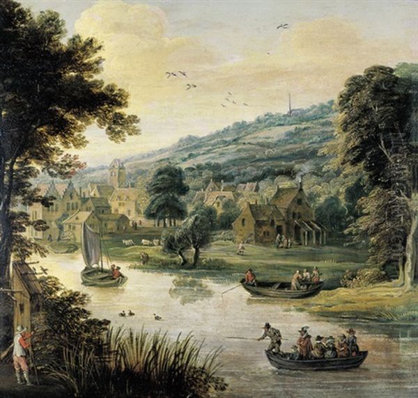 Heuvelachtig Landschap Met Dorp Aan Een Rivier - view 1