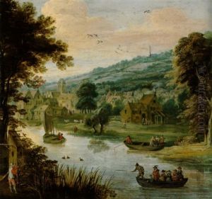 Dorf An Einem Fluss Mit Booten Und Figuren Dorf An Einem Fluss Mit Booten Und Figuren