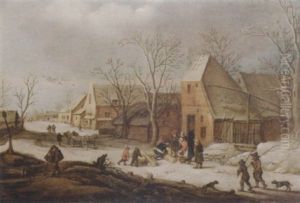 A Winter Landscape With Faggot Gatherers In A Village Street