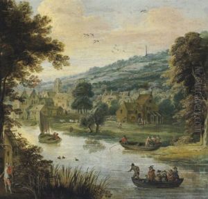 Dorf An Einem Flus Mit Booten Und Figuren by Frans de Momper