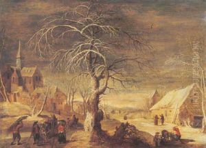 A Winter Landscape With Travellers And A Faggot Gatherer On A Track, A Village And Woodcutters Beyond
