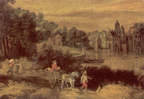 River Landscape With Waggoners On A Path, A Manor House Beyond - view 1