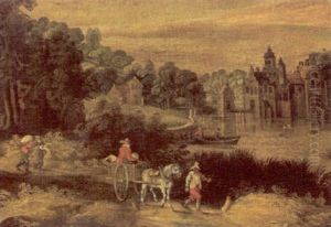 River Landscape With Waggoners On A Path, A Manor House Beyond