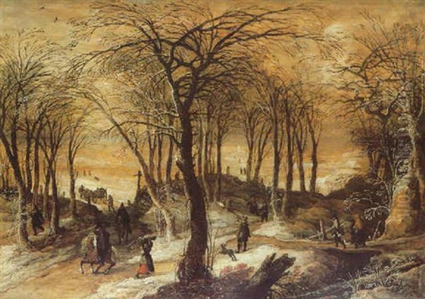 A Wooded Winter Landscape With Travellers, A Hunter And Men On Horseback, Figures In The Distance by Frans de Momper