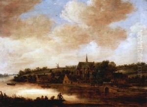 Kleines Kirchdorf An Einem Fluss Mit Fischerboot Im Vordergrund