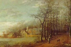 A Sportsman And His Dog On A Tree-lined Road, A Mansion On A Lake Beyond